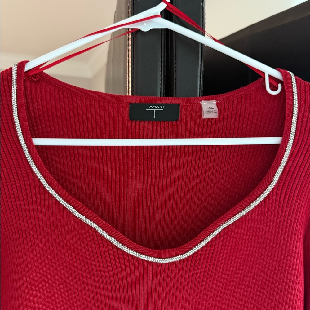 Tahari Embellished Red Ribbed Knit Top